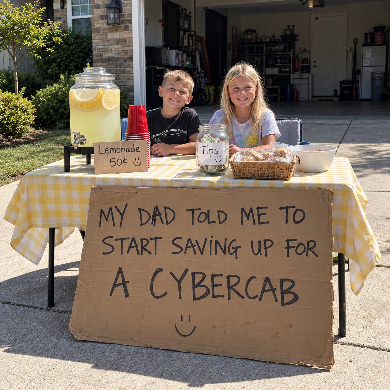 Two children at a lemonade stand with a cardboard sign reading MY DAD TOLD ME TO START SAVING UP FOR A CYBERCAB.