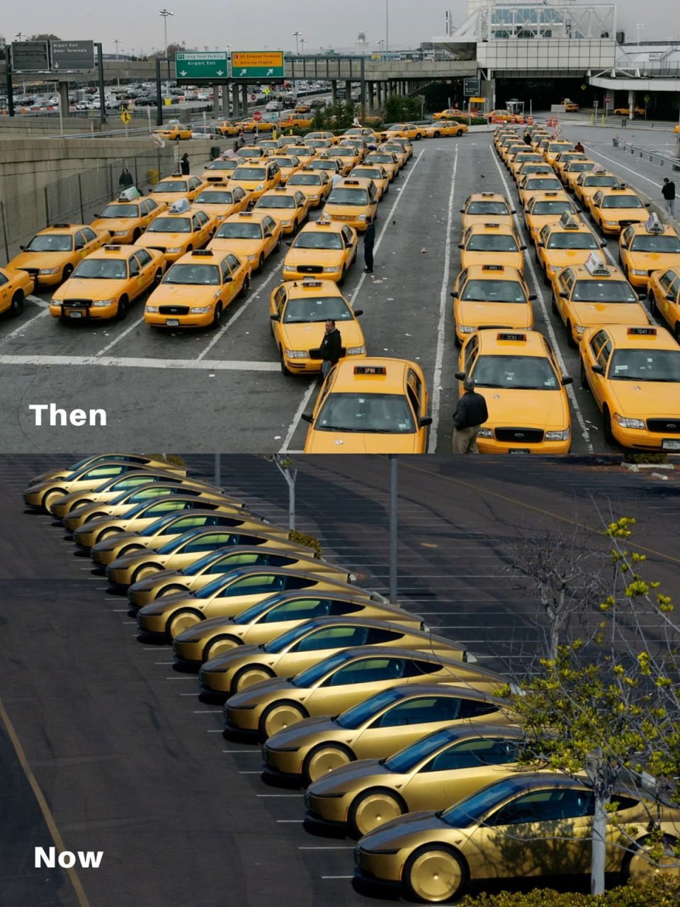 Then: yellow taxis lined up at an airport. Now: a row of gold Cybercabs in a parking lot.